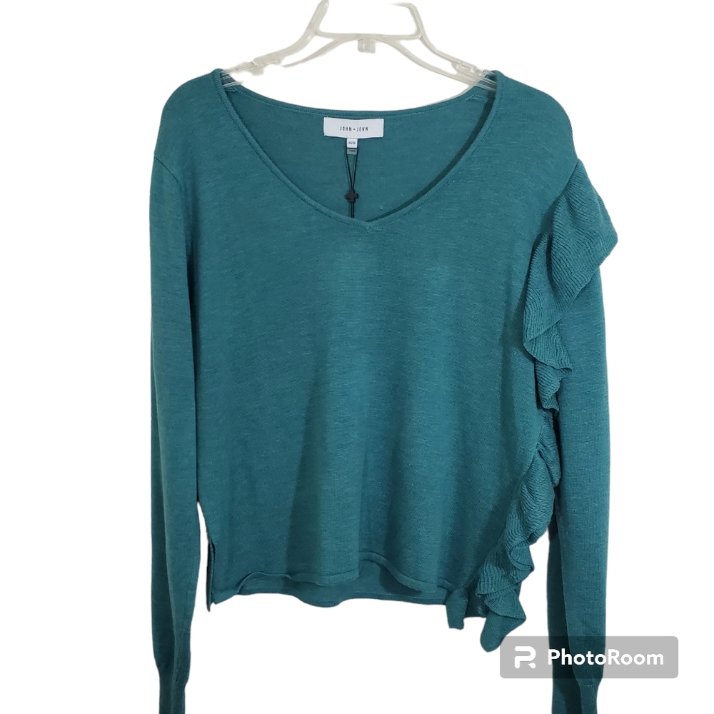 NWT John + Jenn Teal Britt Ruffle Boho Casual Sweater Pullover Size Medium